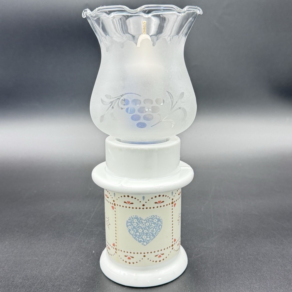 VTG CottageCore Blue Heart Hurricane Lamp Candle Holder Heart Quilt Granny Desig